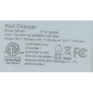 ADAPTADOR AC WALL / NUMERO DE PARTE GS-551 / G0046 / ENTRADA: 100-240V AC / SALIDA: 5VCD - 3A / SALIDA: 9V - 2A / SALIDA: 12VCD - 1.5A	